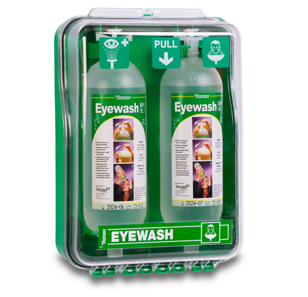 TOB130: DUST PROTECTED CABINET WALL MOUNT INCLUDING 2 X 1000ML BOTTLES, SALINE EYEWASH SOLUTION