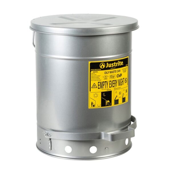 J-09304 (SILVER) - 34L CAPACITY SOUNDGARD OILY WASTE CAN W/FOOT OPERATED COVER 354MM OD x 464MM H x 5KG