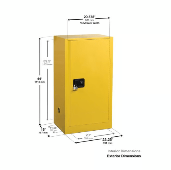 Justrite 891500 Flammable Safety Cabinet 15 Gallon (57L) Yellow Manual Closing 1 Door, 1 Shelf - Image 2